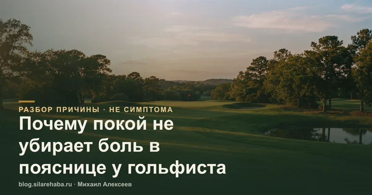Пустое поле для гольфа на тихом закате с красным флажком - тема боли в пояснице, которую покой снимает лишь на время